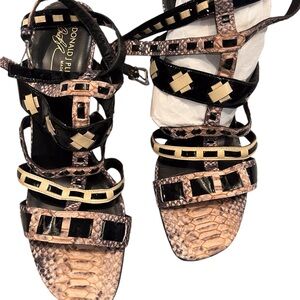 Donald Pliner snake skin and black patent leather high heal sandle